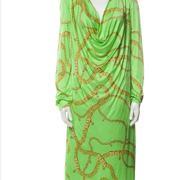 Versace Jersey Cowl Chain Link Dress In Neon Green Gold - Picture 5 of 5